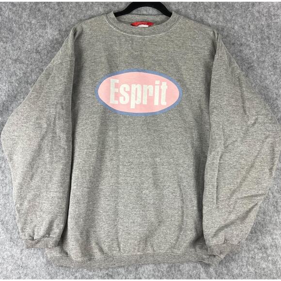 Vintage Esprit Sweatshirt Womens Medium Gray Crew Neck Logo Spellout Graphic - Picture 1 of 12